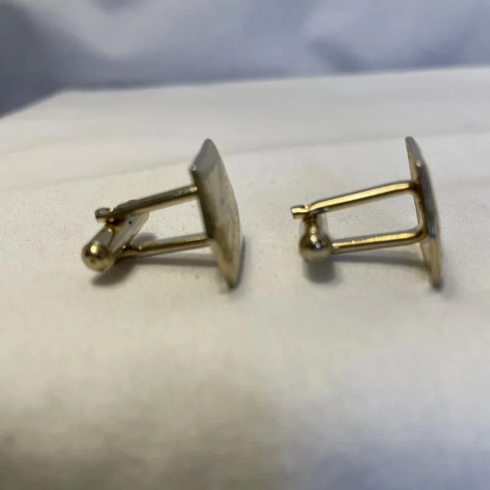Mid Century Hexagon Scroll Design Cufflinks Vintage Gold Tone Bullet Backing